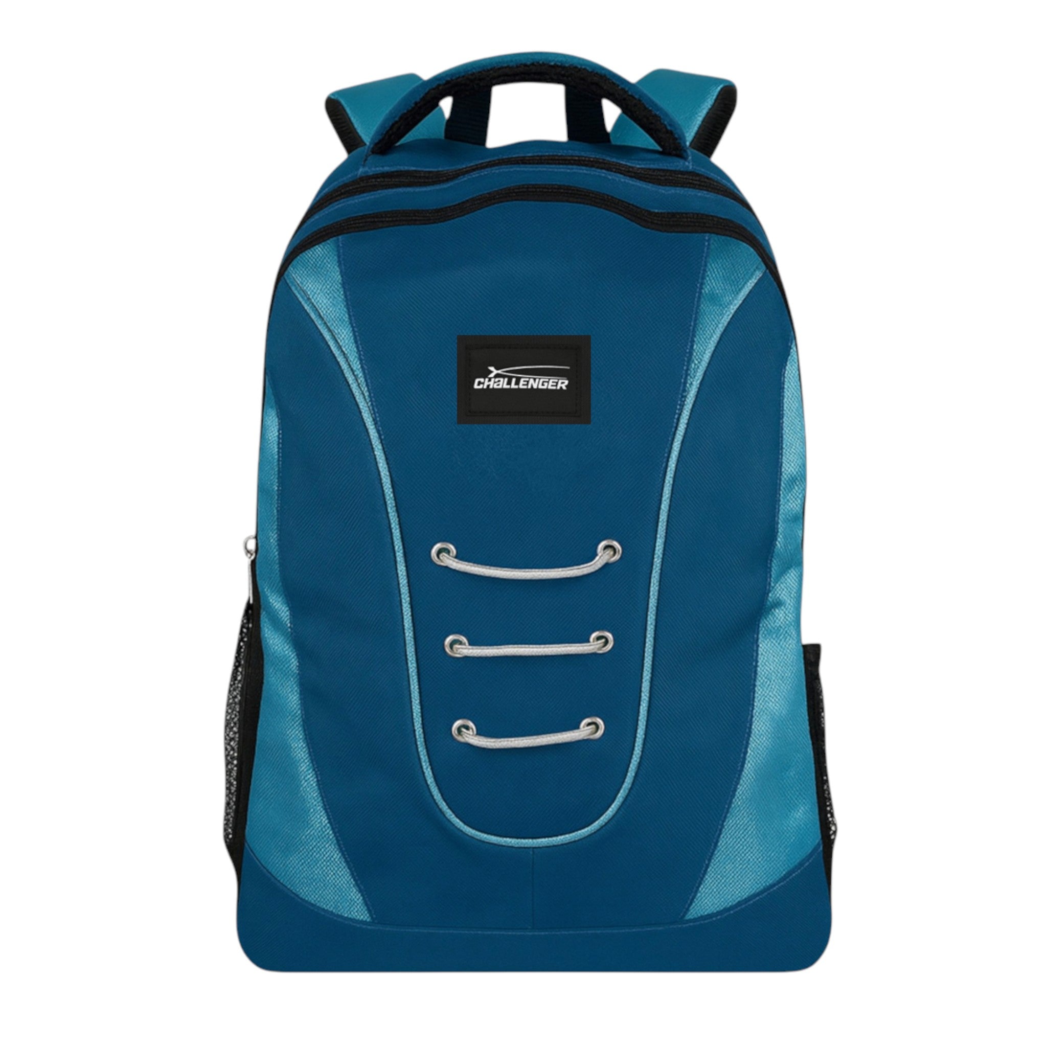 Navy and blue Everyday Challenger dual compartment backpack with padded shoulder straps, side mesh pockets, and durable water-resistant fabric – ideal for school, work, or travel.